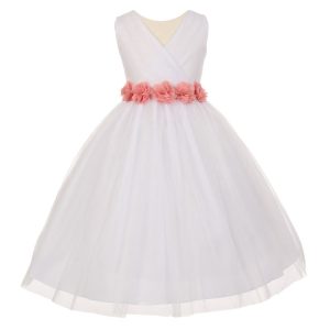 Junior-Brautjungfernkleid für große Mädchen, weiß, altrosa, Chiffon, Blumen, Tüll, Größe 8–14