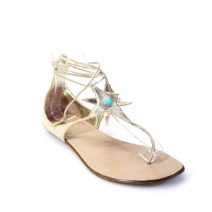 Aquazzura Damen Gold Beige Verzierte T-Strap Flache Sandalen Schuhe