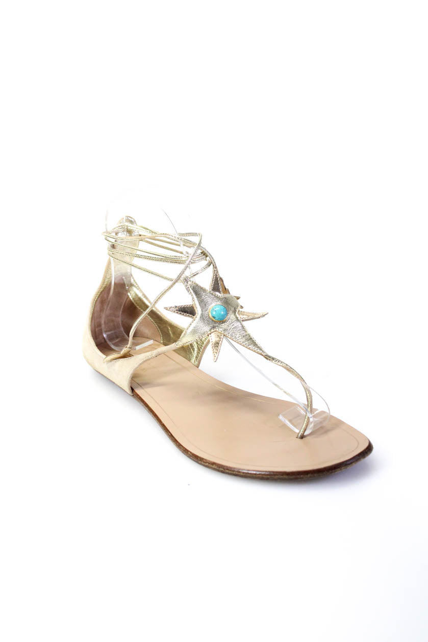 Aquazzura Damen Gold Beige Verzierte T-Strap Flache Sandalen Schuhe