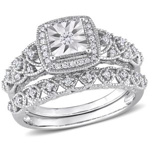 Mimi & Max 1/3ct TDW Diamond Square Halo Brautring-Set aus Sterlingsilber