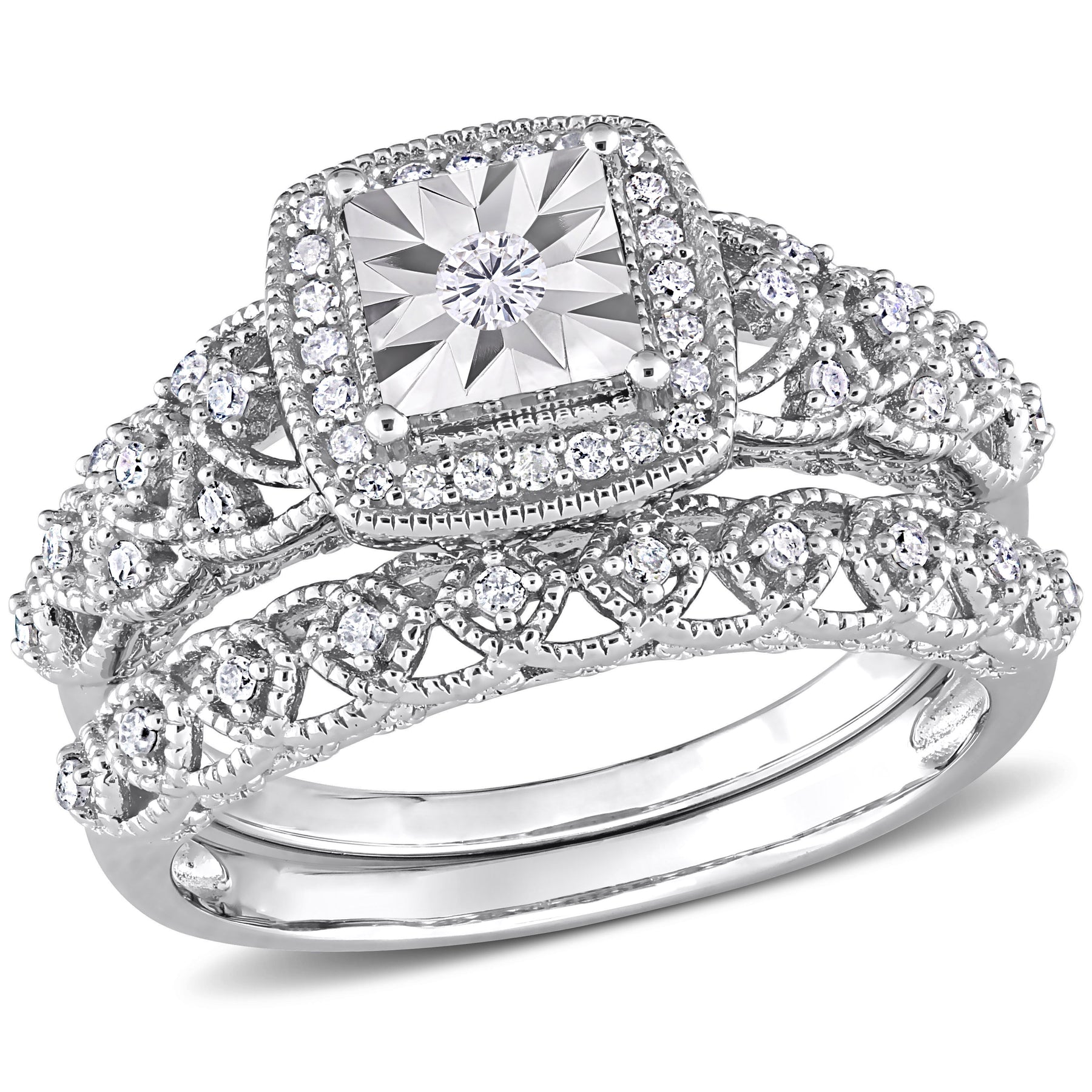 Mimi & Max 1/3ct TDW Diamant Quadrat Halo Brautring Set in Sterling Silber
