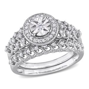 Mimi & Max 1/3ct TDW Diamond Halo Brautring-Set aus Sterlingsilber