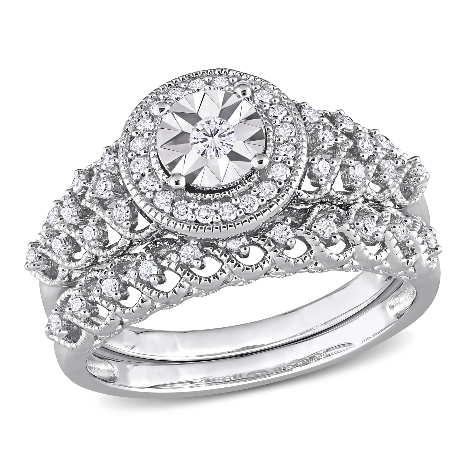 Mimi & Max 1/3ct TDW Diamant Halo Brautring Set in Sterling Silber