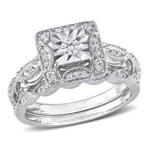 Mimi & Max 1/5ct TDW Diamond Square Halo Brautring-Set aus Sterlingsilber