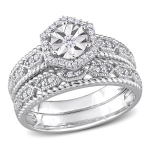 Mimi & Max 1/4ct TDW Diamant-Hexagon-Halo-Brautring-Set aus Sterlingsilber