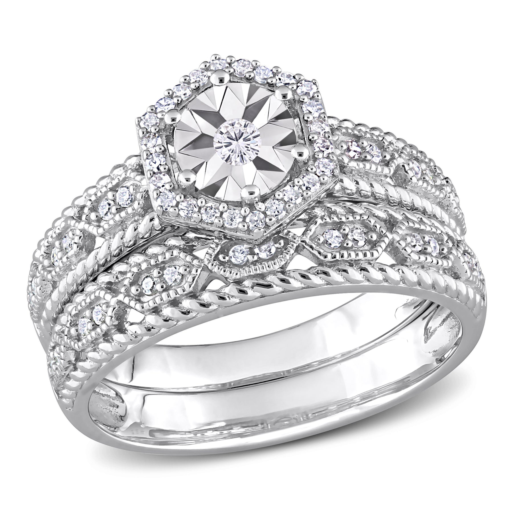 Mimi & Max 1/4ct TDW Diamant Hexagon Halo Brautring Set in Sterling Silber