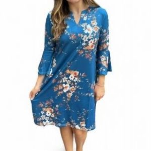 Kleid mit Blumendruck in Blau/Braun