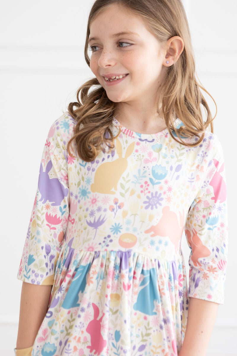 Pastell mit Blumenmuster Bunnies 3/4 Ärmel Tasche Twirl Kleid