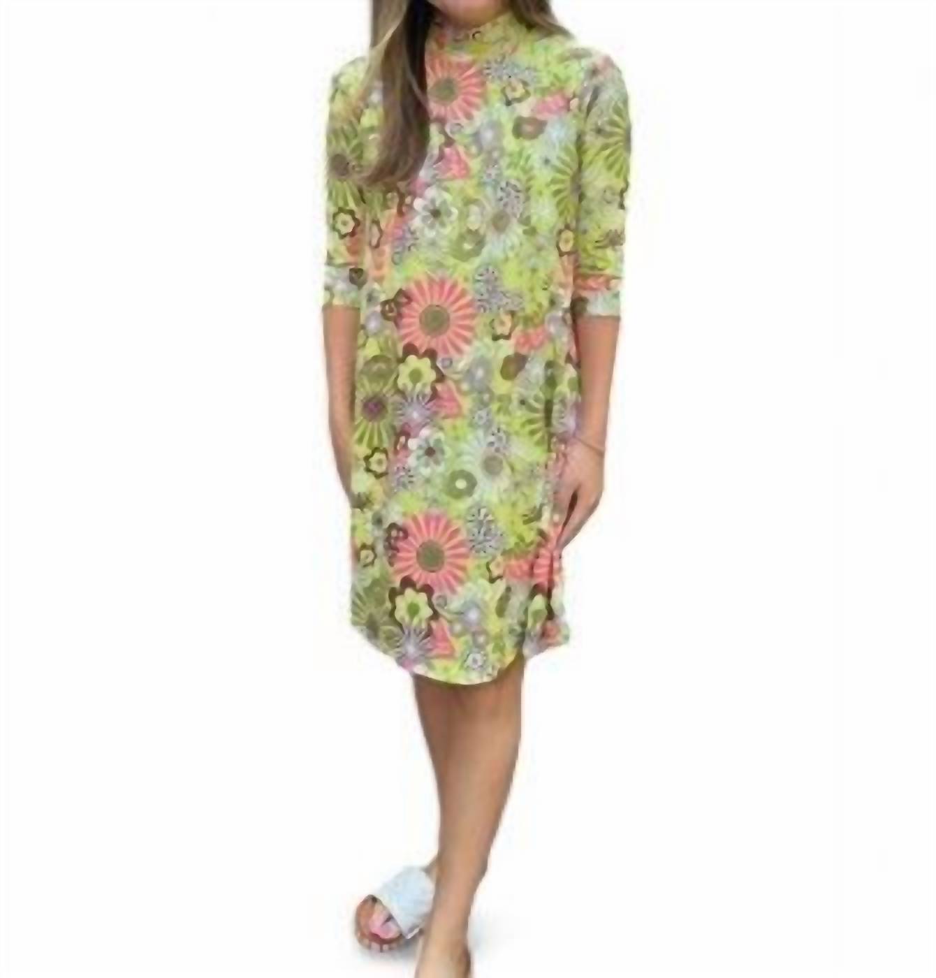 Flower Power Stehkragen Kleid in Grün Mehrfarbig