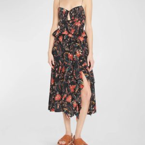 Renata geblümtes Midikleid mit Rüschen in Obsidian-Blumenschwarz