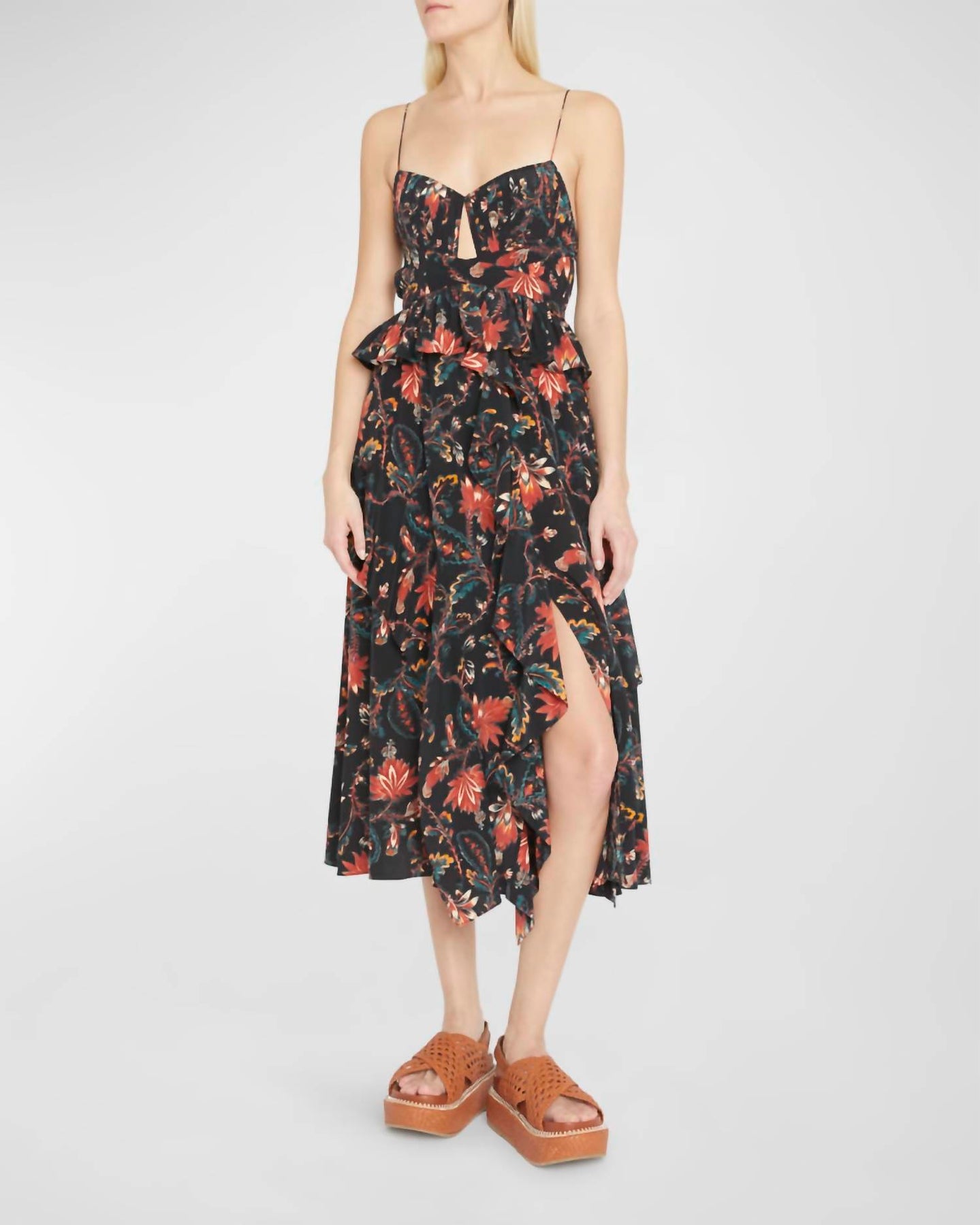 Renata mit Blumenmuster Rüschen Midikleid in Obsidian mit Blumenmuster Schwarz