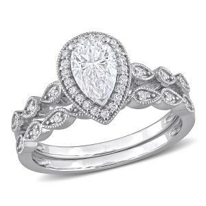 Mimi & Max 1 1/6 ct DEW Created Moissanit Tropfenförmiger Halo-Brautring aus Sterlingsilber