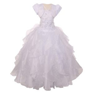 RainKids Kommunionkleid für große Mädchen, weiß, mit Pailletten, Blumenschicht, Organza-Tüll, 7–18