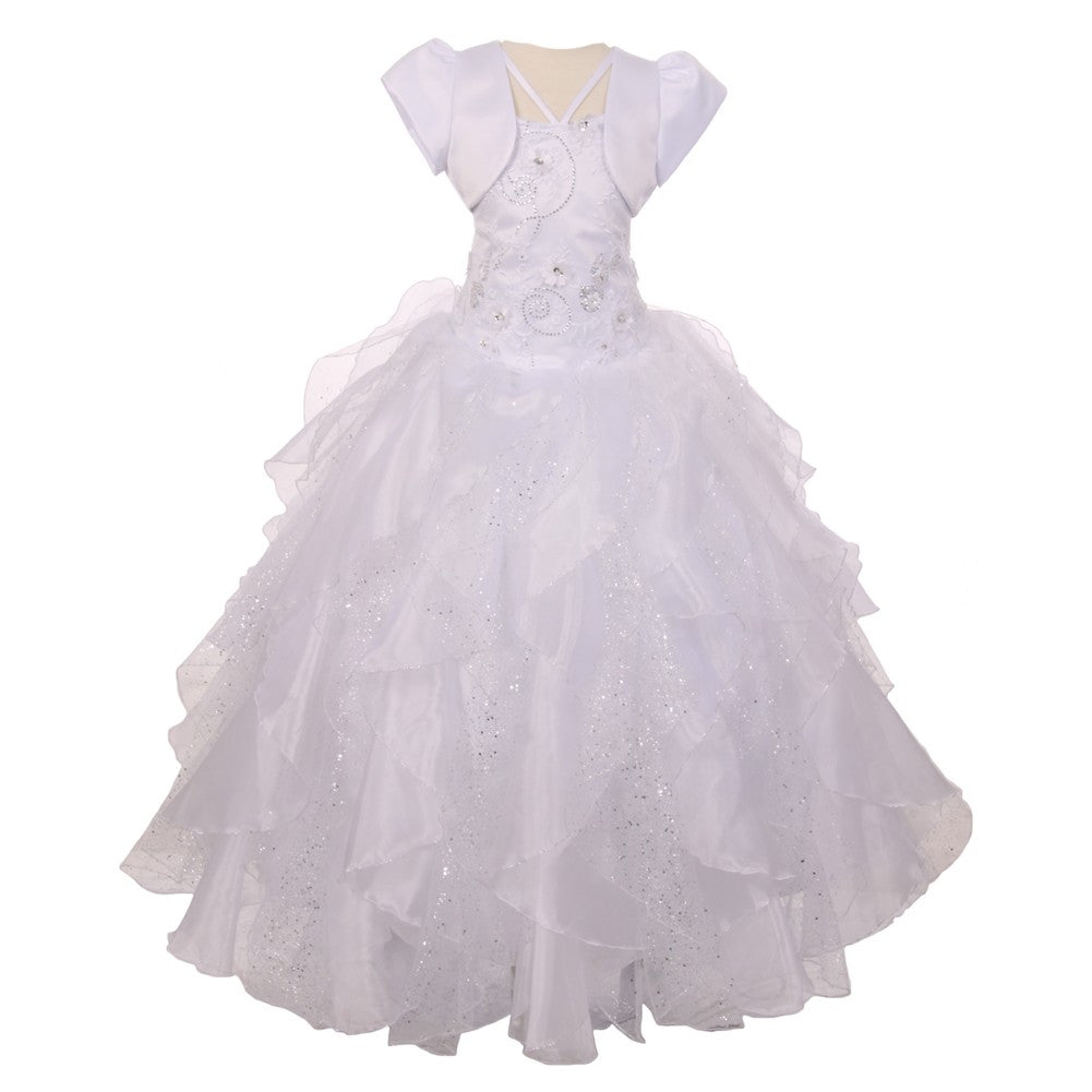 RainKids Große Mädchen Weiße Pailletten Flower Layer Organza Tüll Kommunion Kleid 7-18