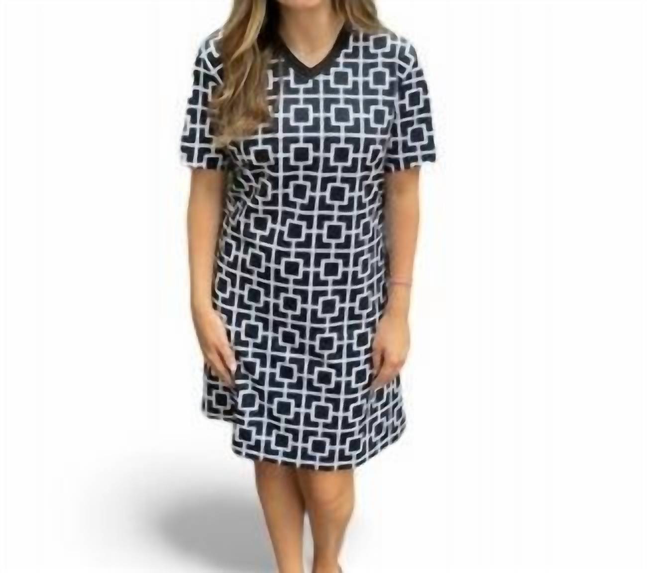 Geo-Muster Vneck Strickkleid in schwarz/weiß