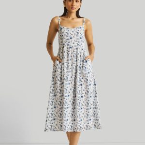 Strappy Gathered Blaues Blumen-Midikleid