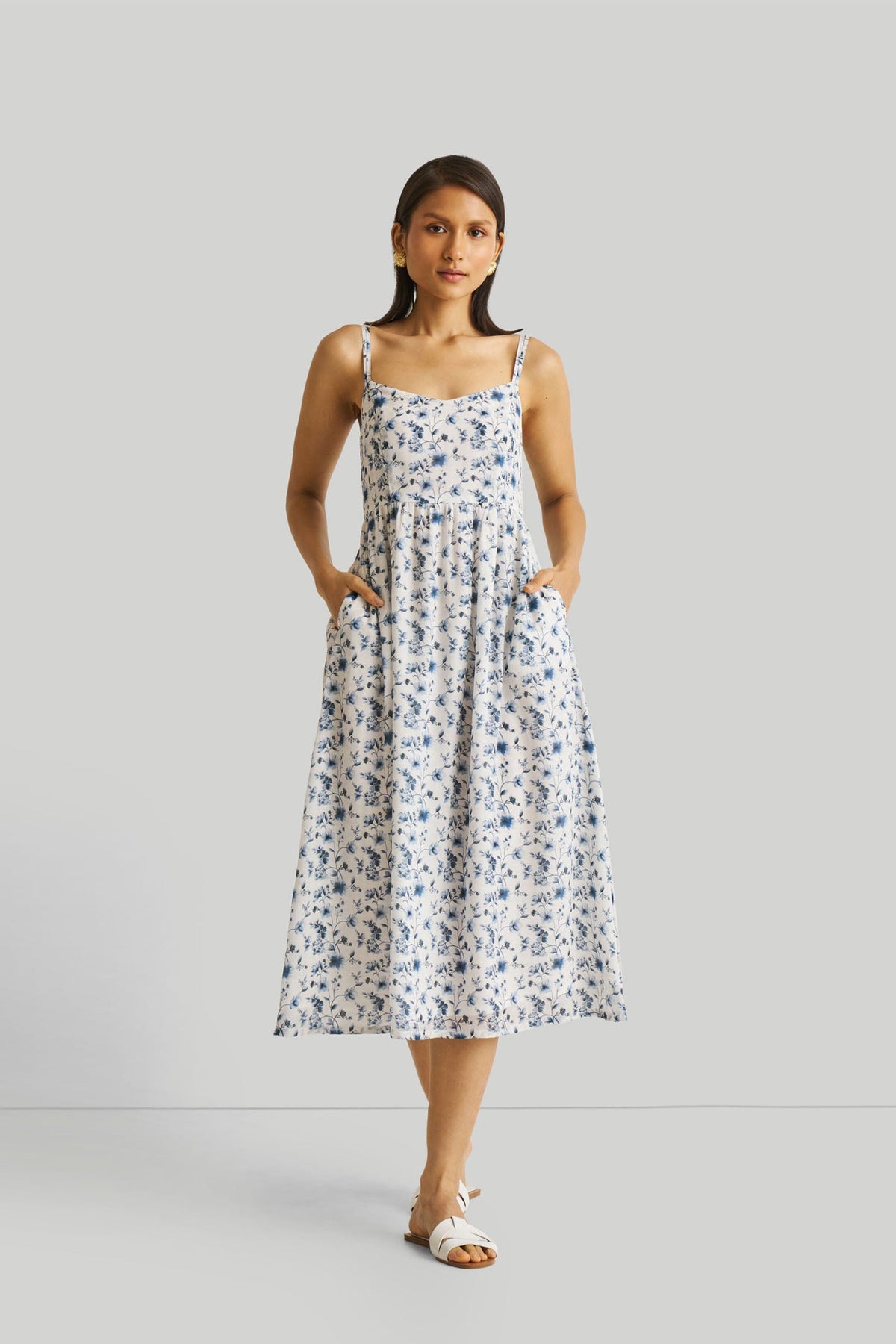mit Riemchen Gerafft Blau Blumen Midi Kleid