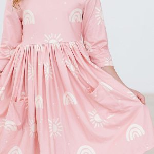 Weiche rosa Sonnen 3/4 Ärmel Tasche Twirl Kleid