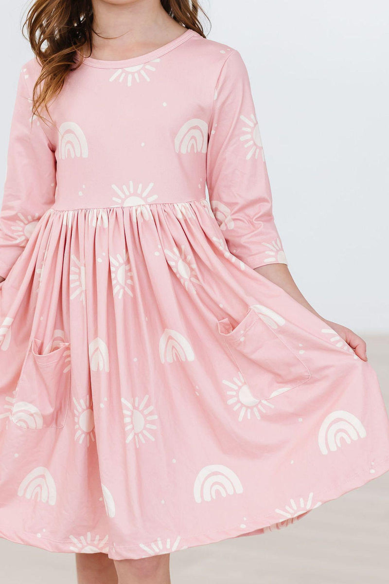 Weiche rosa Sonnen 3/4 Ärmel Tasche Twirl Kleid