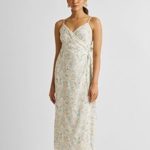 Wickelkleid mit schmalen Trägern und blauem Blumenmuster