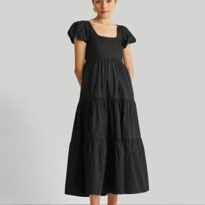 Puff Sleeve Tiered Maxikleid in schwarz