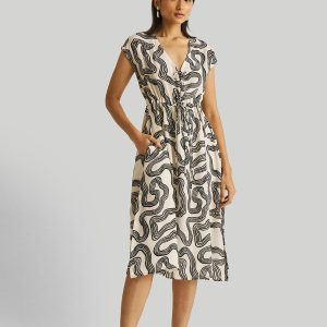 Deep V-Ausschnitt versammelt Kleid in schwarzen Streifen