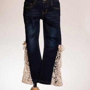 Mädchen Denim Spitze Glocke Jeans in dunklen Denim / Schnürsenkel Glocke 7733656485948