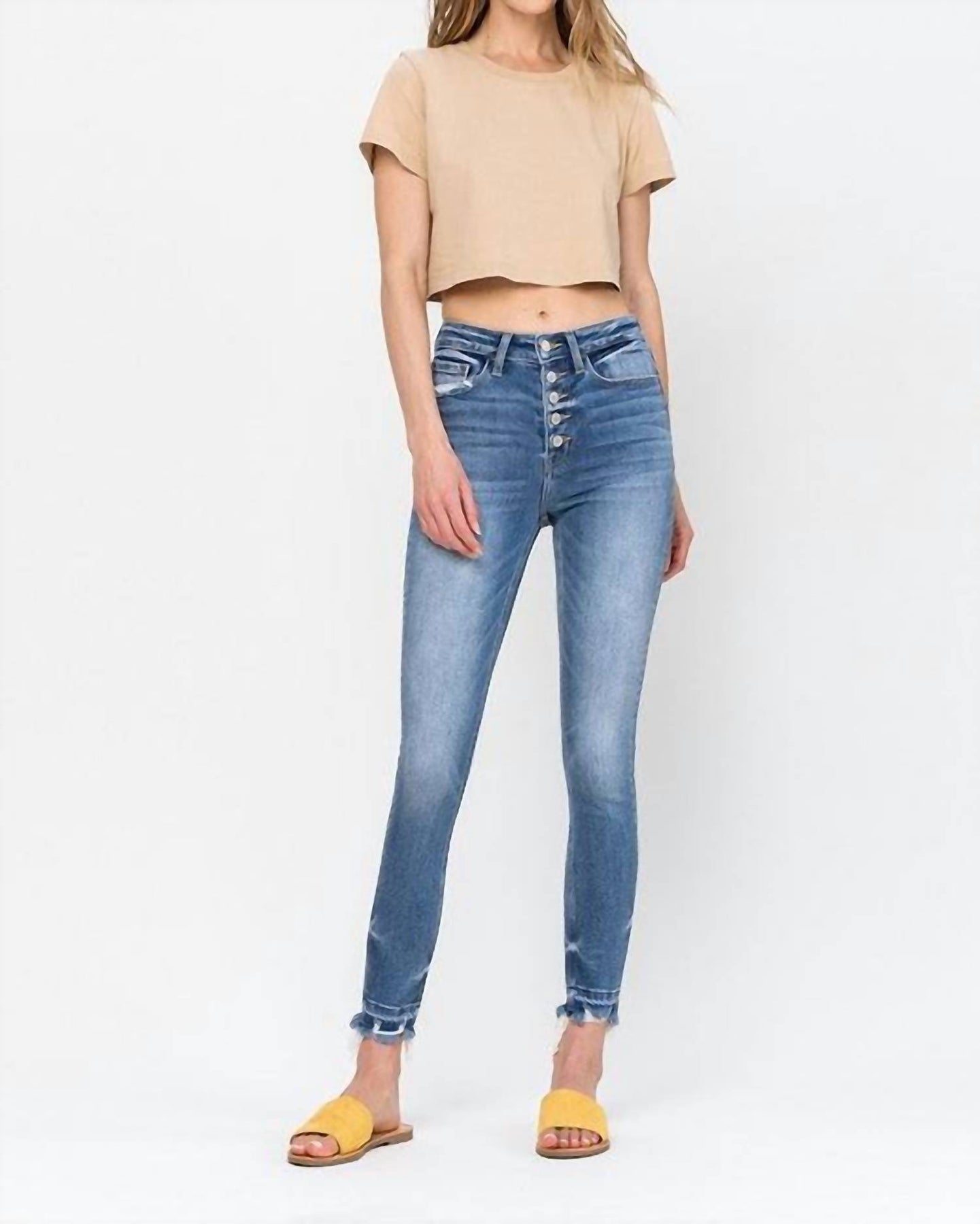 Hohe Rise Hem Crop Skinny Jean in mittlerer Waschung