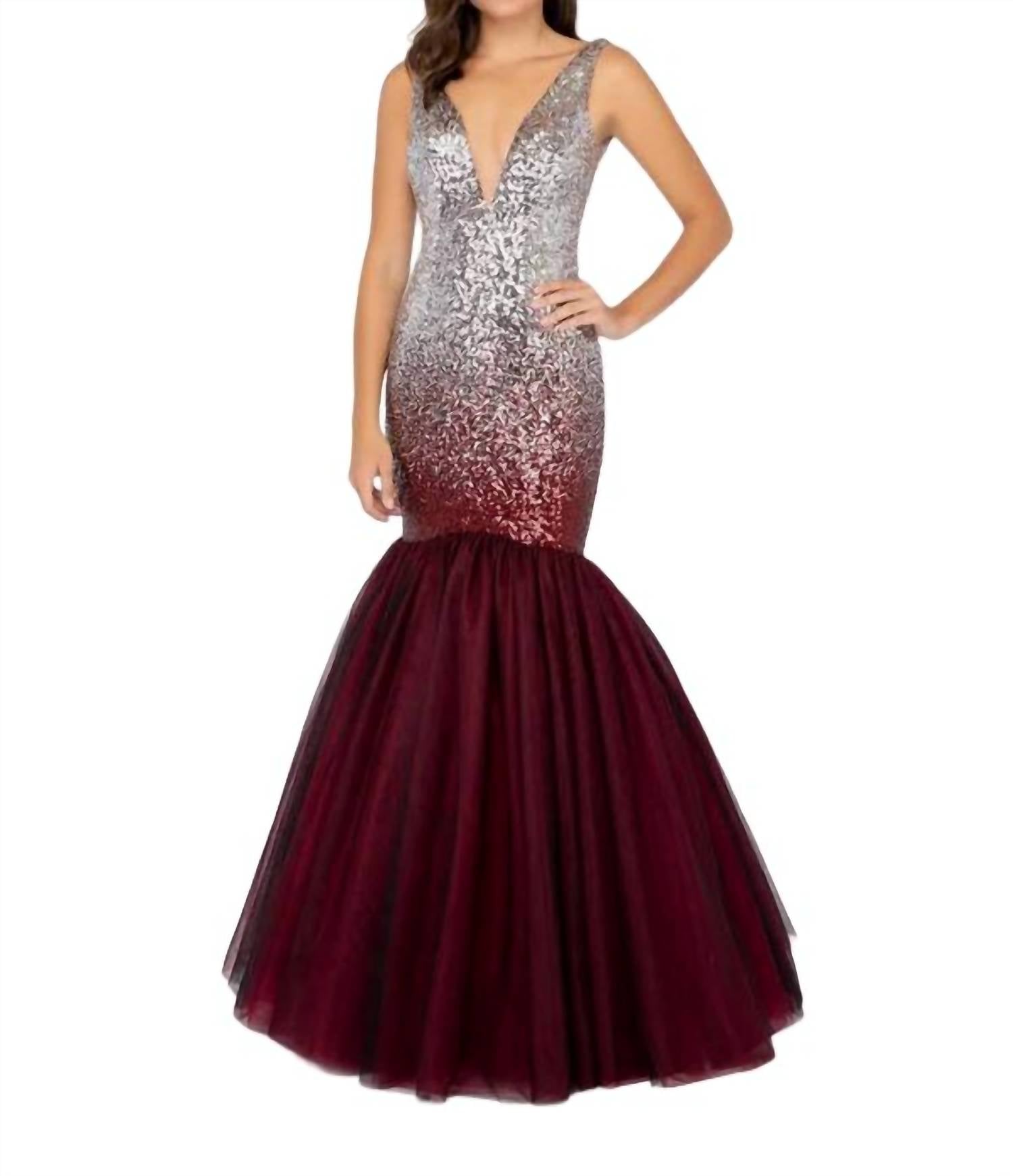 Pailletten Meerjungfrau Kleid in Silber und Weinrot