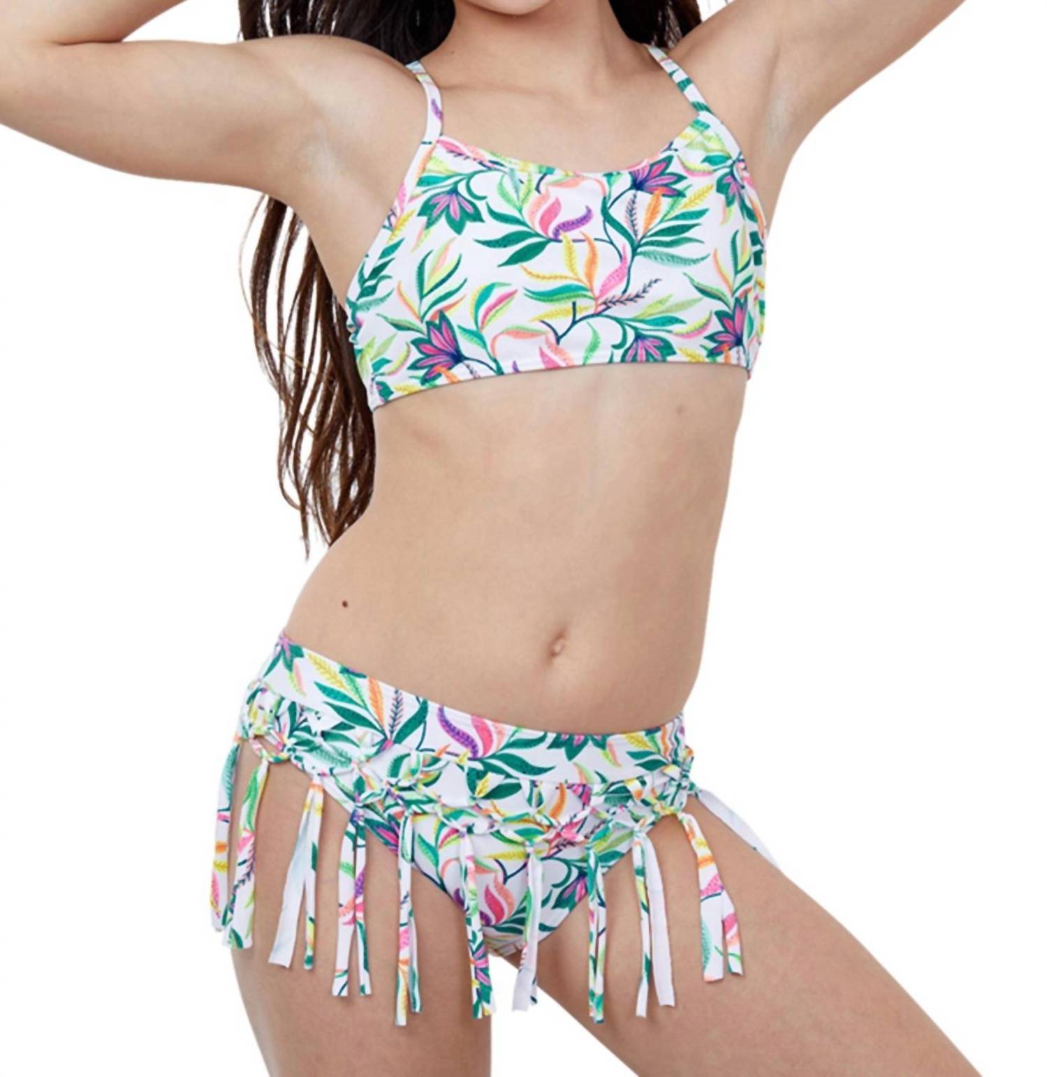 Mädchen Bralette Bikini Top mit Fransen Rock Bikini Bottom In Gtk Palms
