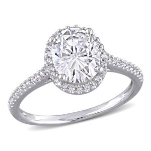 Mimi & Max 2ct DEW Oval Created Moissanit und 1/4ct TW Diamond Double Halo Verlobungsring aus 14k Weißgold