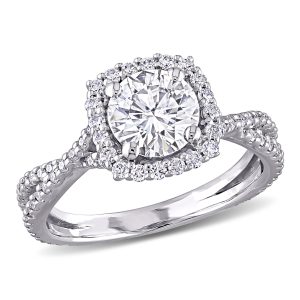 Mimi & Max 1 1/2 ct DEW Created Moissanit Square Halo Crossover-Verlobungsring aus 10 Karat Weißgold
