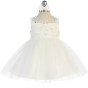 Elegantes elfenbeinfarbenes Babykleid mit floraler Spitze und Tüllrock, 6–24 Monate