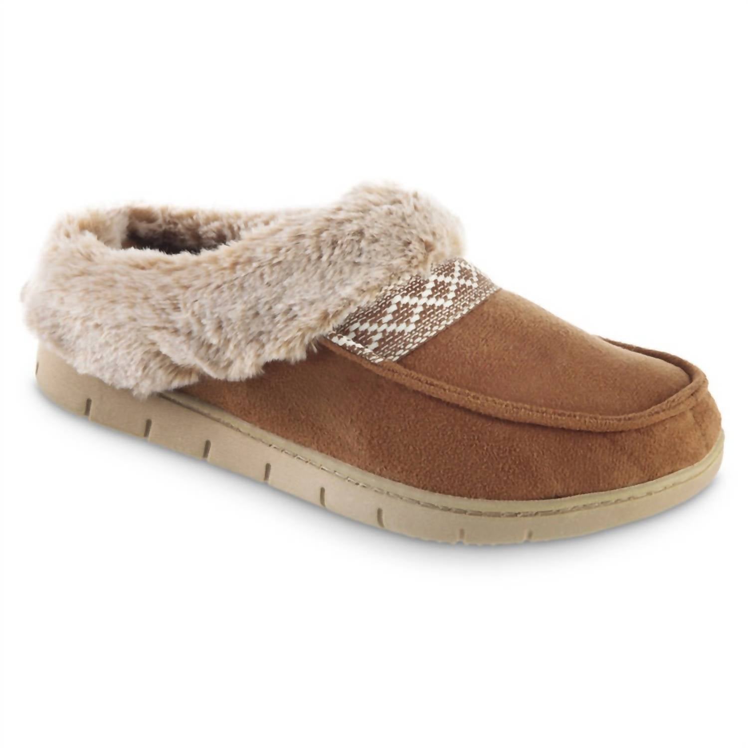 Damen recycelt Microsuede und Kunstpelz Hoodback Slipper in Cognac