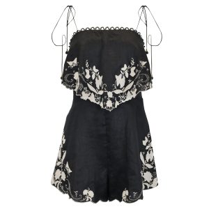 Zimmermann Mit Blumenmuster bestickt Juniper Leinen Playsuit in schwarz Leinen