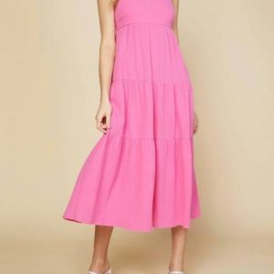 Gestuftes Maxikleid mit überkreuztem Rücken in Rosa