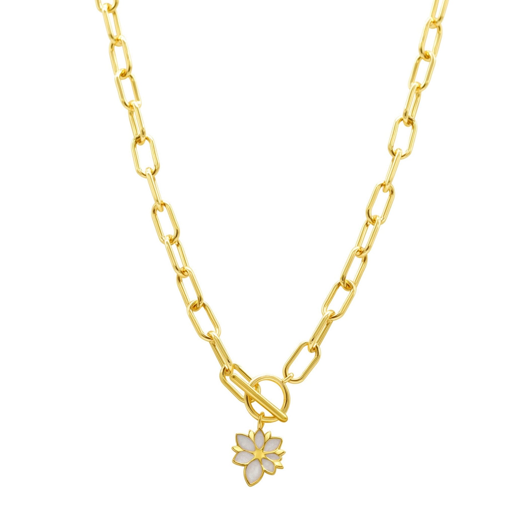 Weiß Mother Perlen Blume Toggle Paper Clip Halskette Gold
