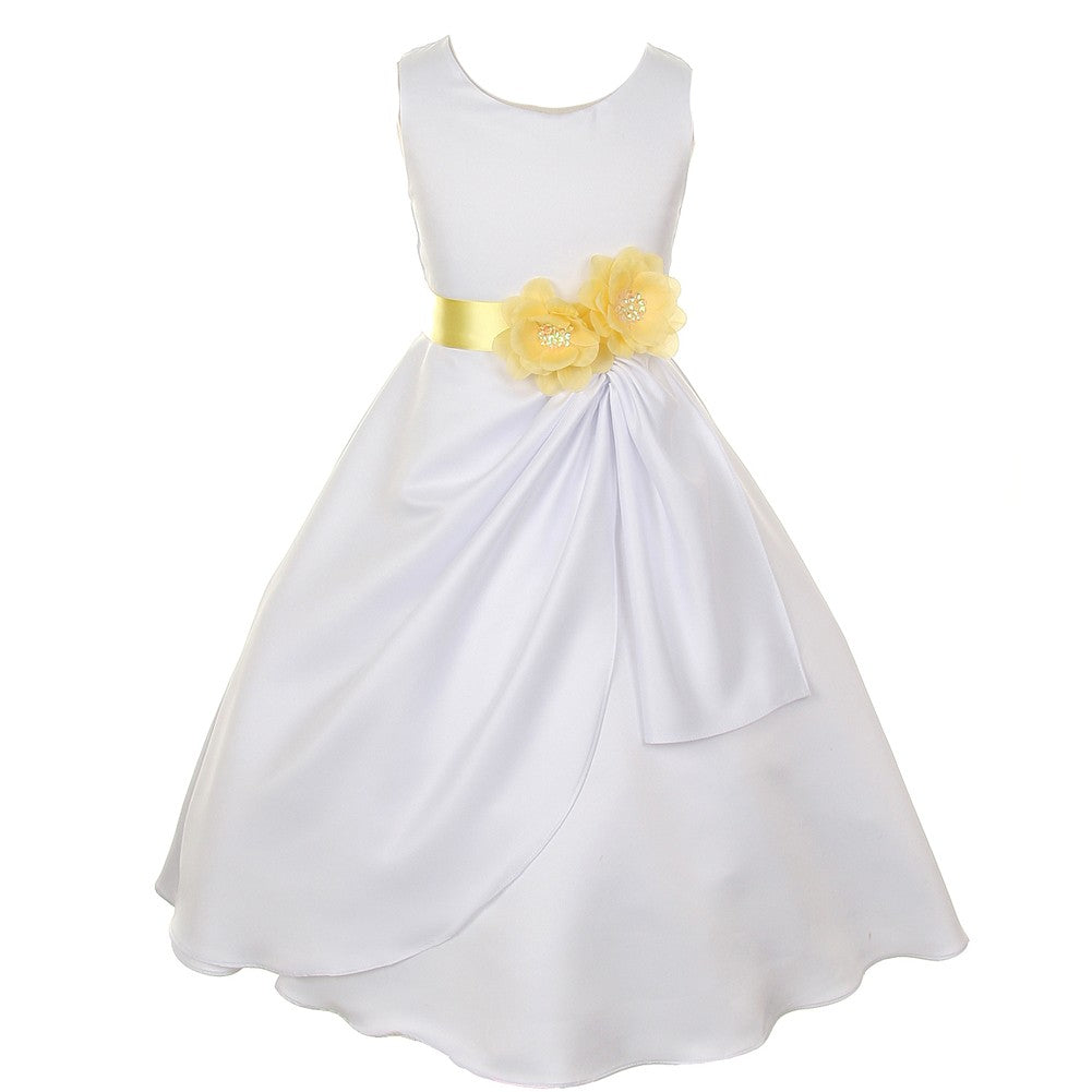 Kleine Mädchen Weiß Gelb Braut Dull Satin Pailletten Blumen Anlass Kleid 2-6