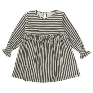 Gewebtes, gestreiftes Langarmkleid in Grau/Creme 7733642854460