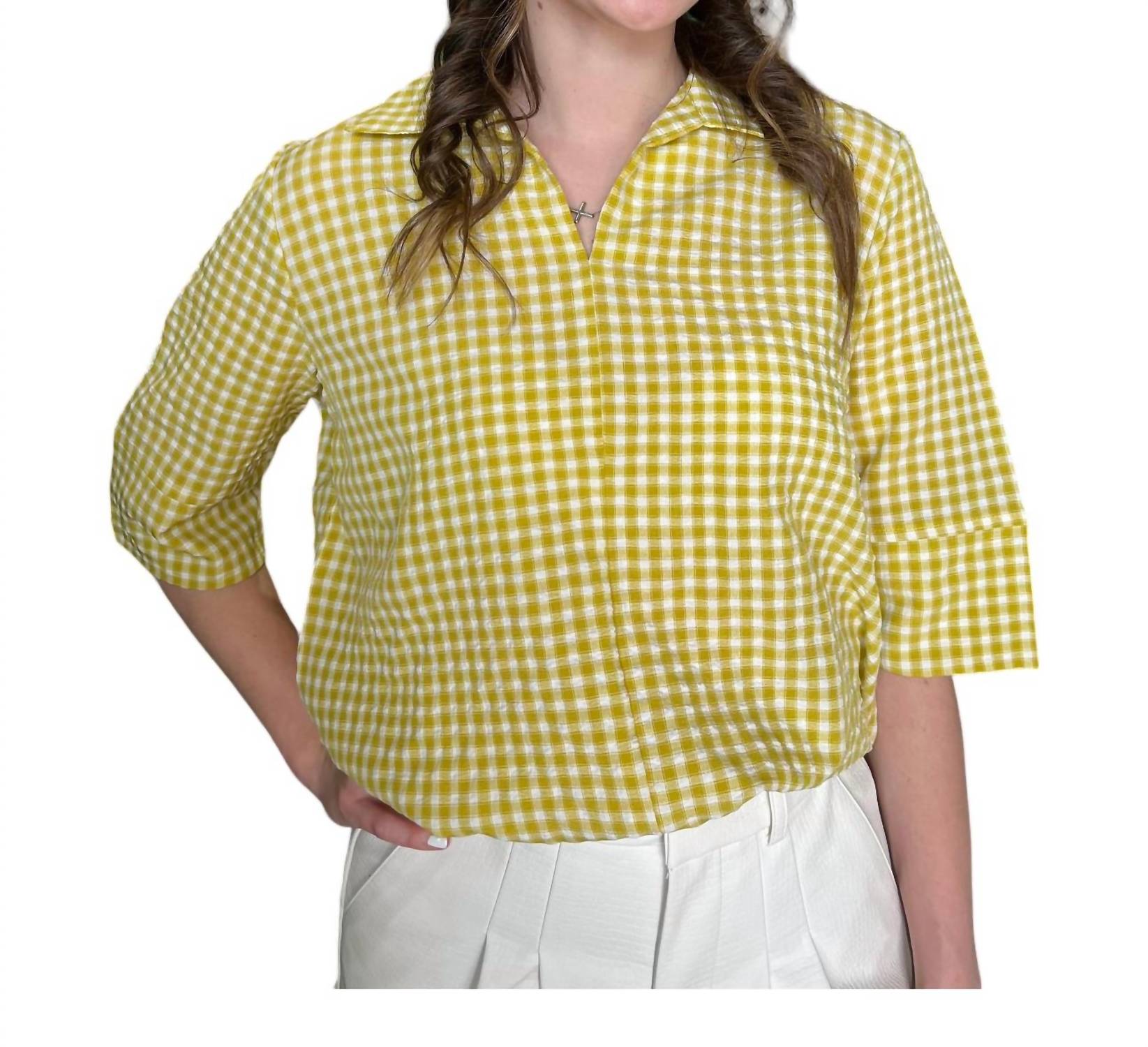 Gingham Top mit Kragen in Gelb