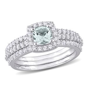 Mimi & Max 1 1/3ct TGW Aquamarine and Created weißer Saphir-Braut Dreiring-Set in Sterling Silber