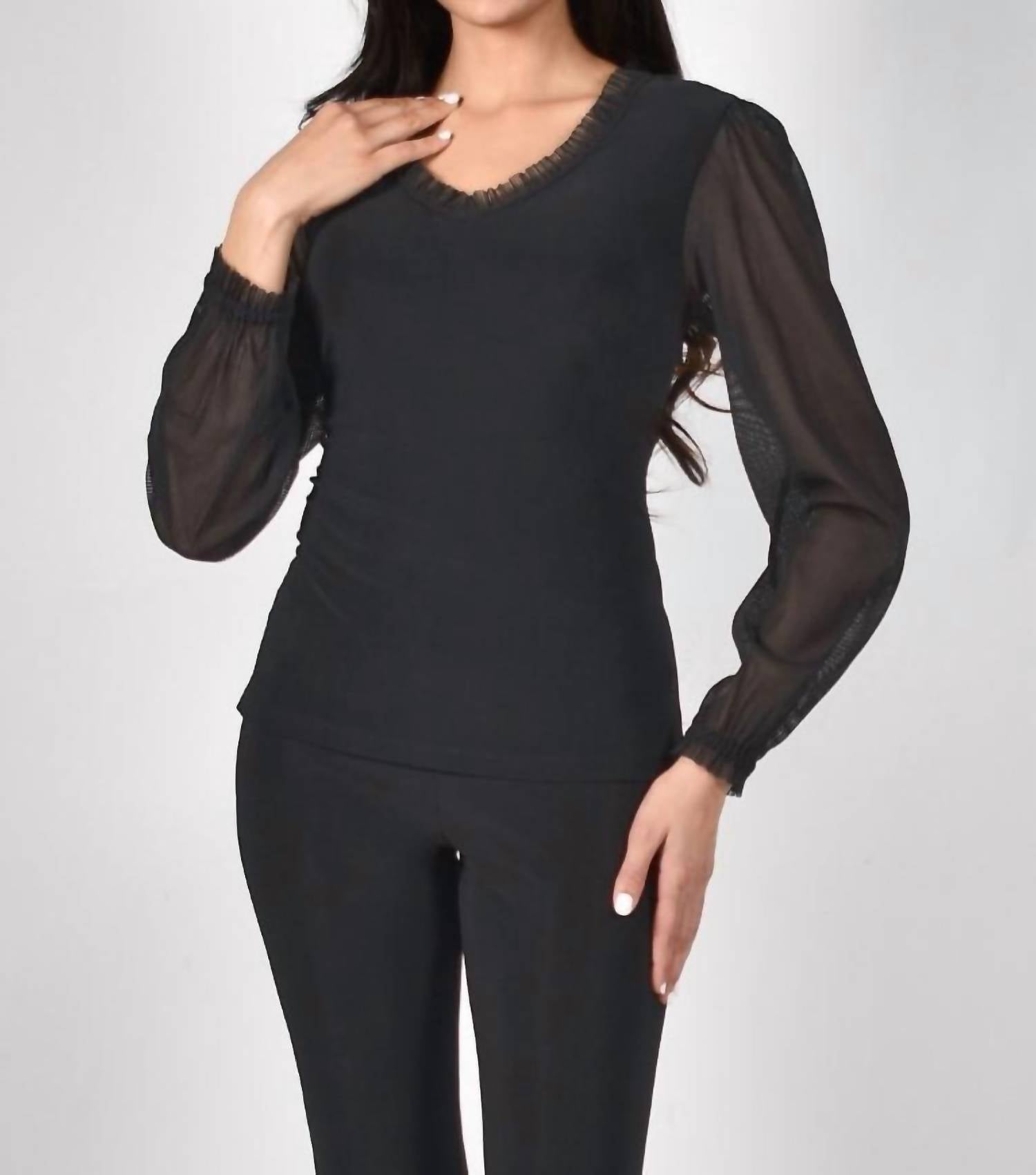 Sheer Ärmel Rüschen V-Ausschnitt Top in schwarz