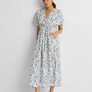 Gathered Maxikleid in blauen Blumen