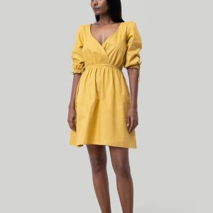 Gathered Elbow Sleeve kurzes Kleid in Senf