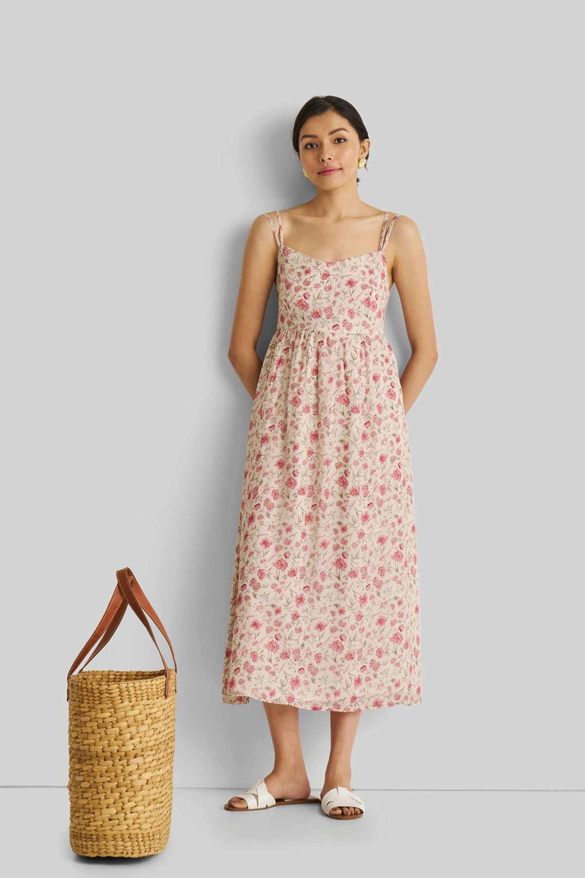 mit Riemchen Gathered Midi-Kleid in rosa Blumen
