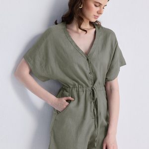 V neck Drawstring Jumpsuit in dunkelgrĂĽn