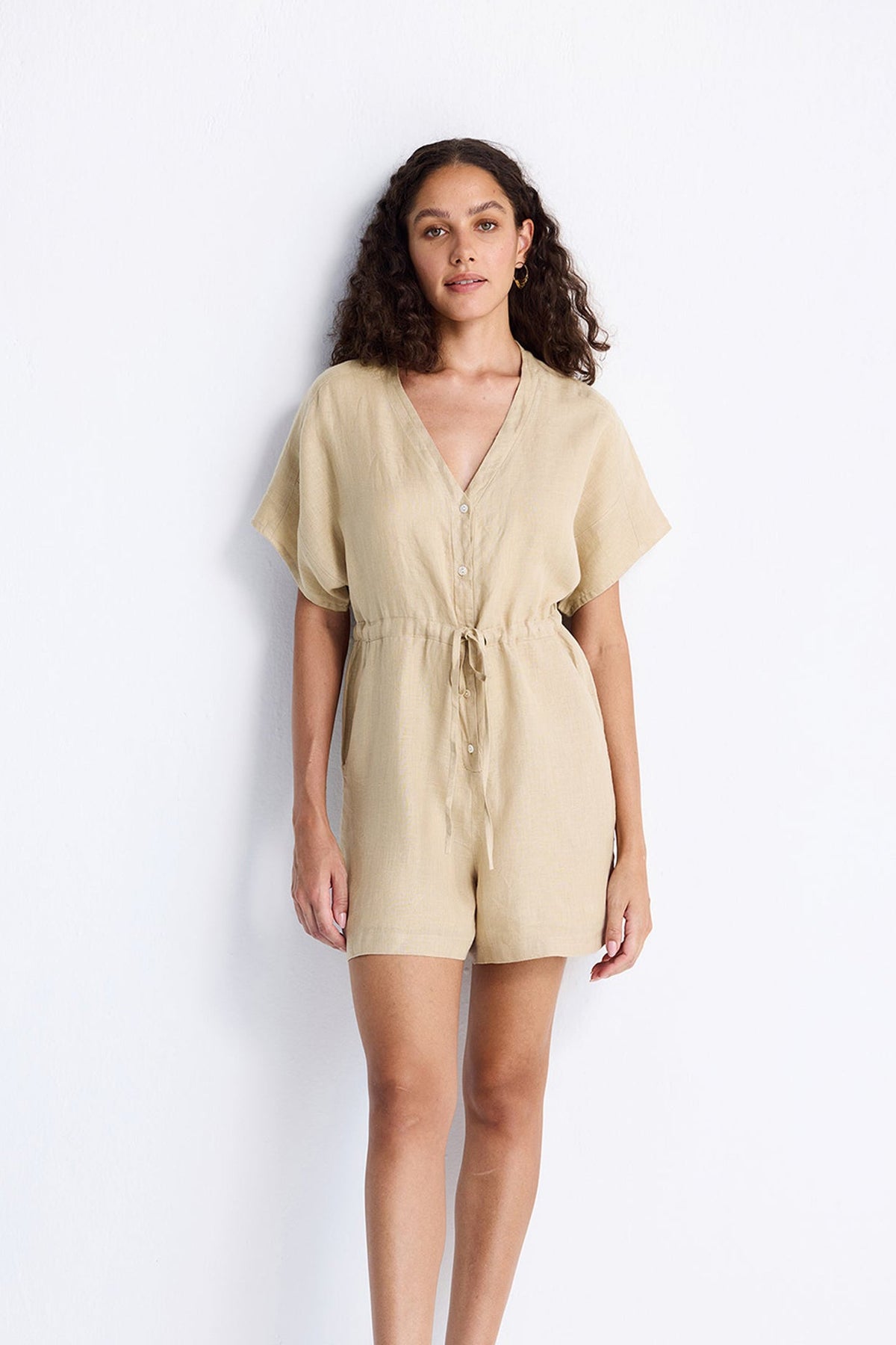 V-Ausschnitt Kordelzug Strampler in Neutral Beige