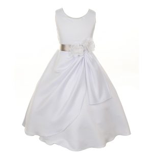 große Mädchen weiß Silber Braut stumpf Satin Pailletten Blumen Anlass Kleid 8-14
