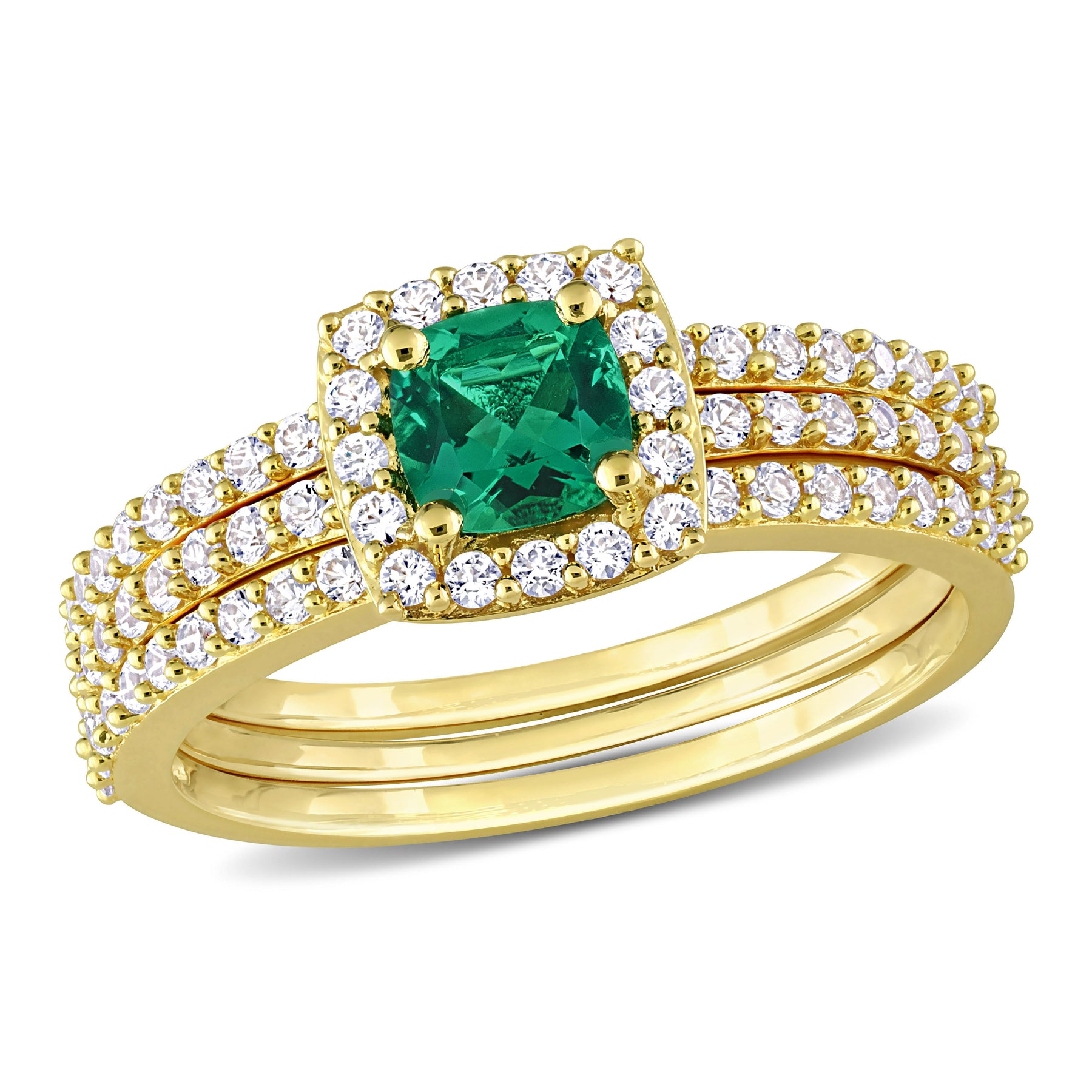 Mimi & Max 1 1/2ct TGW Erstellt Emerald Und schuf weiße Saphir Braut Drei-Ring-Set in Gelb Silber