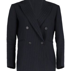 Sandro Paris Zweireihiger Blazer mit Streifenmuster in Marineblauer Baumwolle